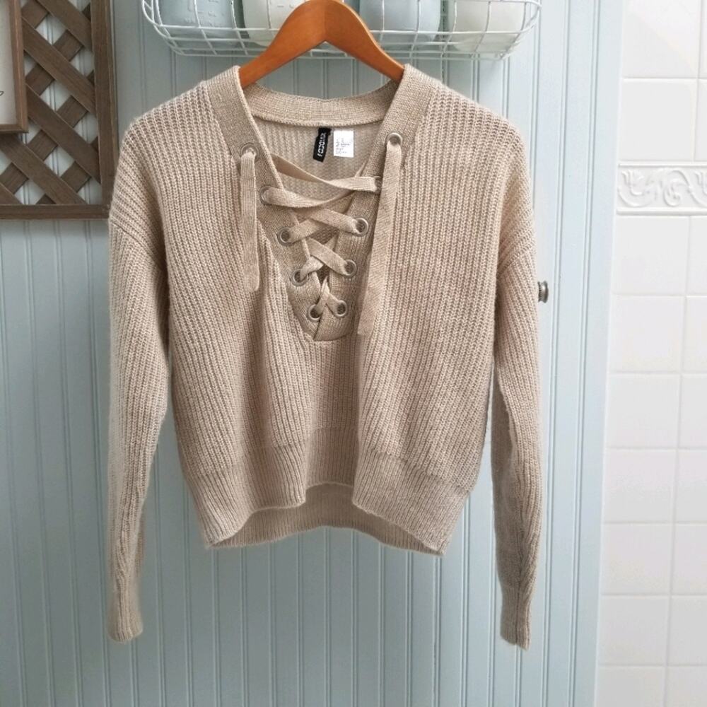 Divided Corset Tie Tan Relaxed Shoulder Crop Sweater size XS